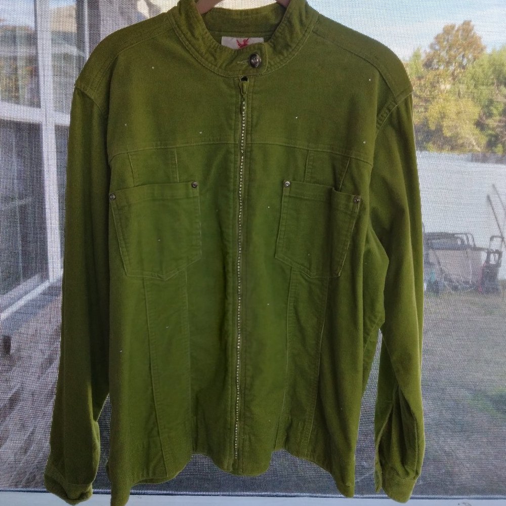 Quacker Factory Sparkle & Shine Zip Front Stretch Corduroy Jacket Size M Green
